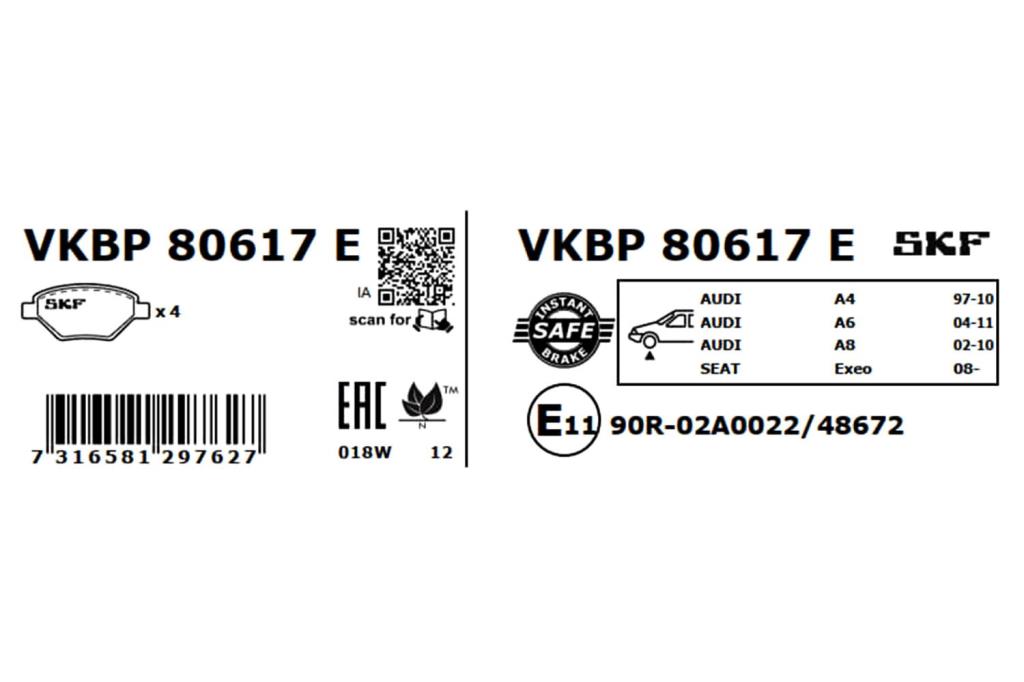Jeu de 4 plaquettes de frein SKF ref. VKBP 80617 E